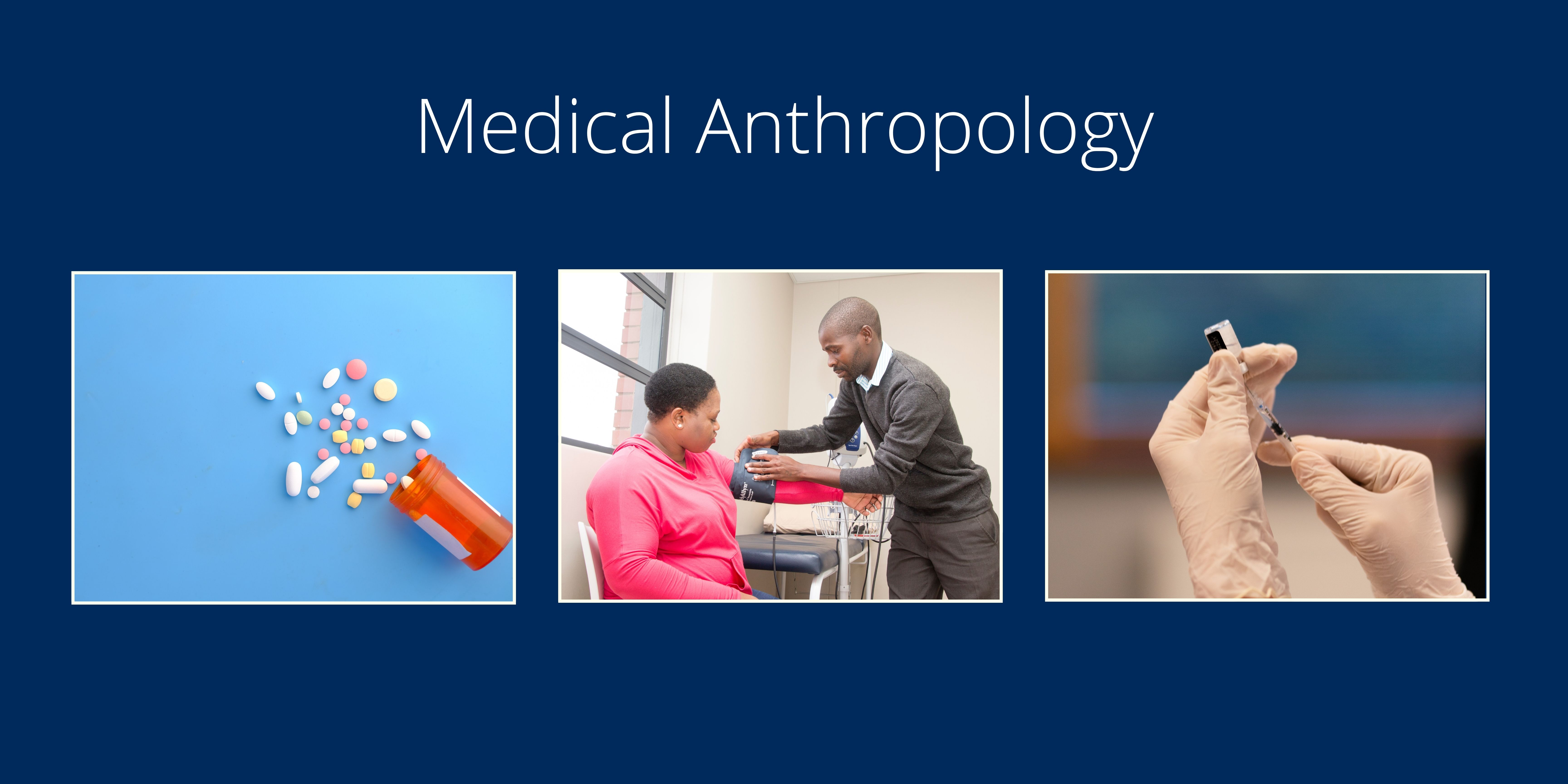 Three images: one of a orange pill bottle, another of a doctor taking a patient's blood pressure, and a third of a syringe extracting liquid from a bottle.