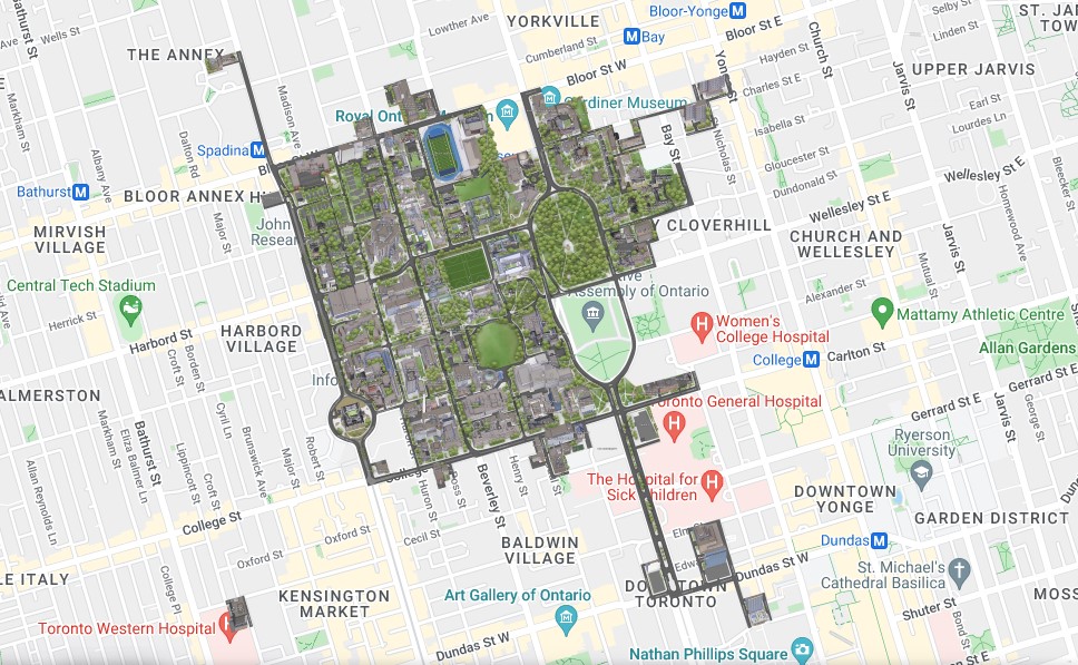 A map which shows the University of Toronto and its surrounding area.