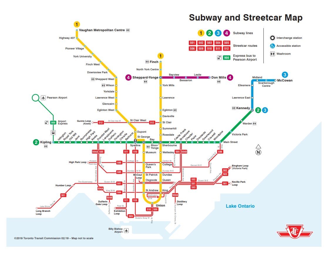 A map of the Toronto Transit Commission, including all subway stations and streetcar routes.