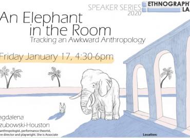 Poster featuring an elephant standing beside columns and arches